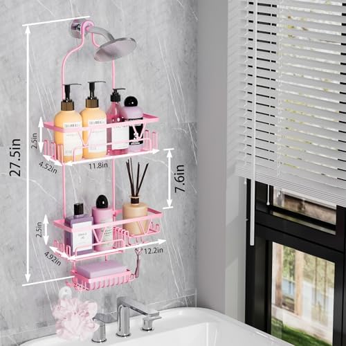 DAOYA Hanging Shower Caddy Over Shower Head, Anti-Swing Shower Organizer For Inside Shower With 2 Soap Holders, Multi Hooks, Rustproof Bathroom Accessories, Pink - Image 6