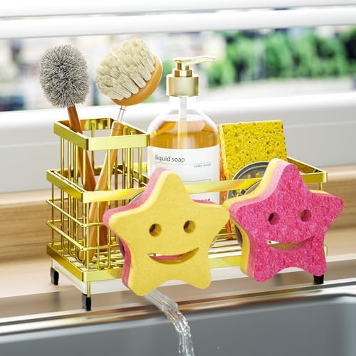 HapiRm Sink Caddy Sponge Holder - Self-draining Kitchen Sink Organizer with Smiley Face and Brush Holder, Stainless Steel Kitchen Sponge Caddy for Countertop - Gold by HapiRm
