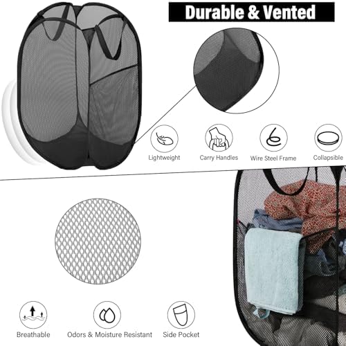 BATTOO Deluxe Strong Mesh Pop up Laundry Hamper Basket with Side Pocket for Laundry Room, Bathroom, Kids Room, College Dorm or Travel 2 Pack Black - Image 4