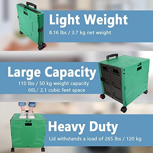 Foldable Shopping Utility Cart Portable Rolling Crate Handcart with 360°Rotate Wheel,Hidden Lid,Telescoping Handle Collapsible for Travel Shopping Moving Storage Office Use(DarkGreen) - Image 6