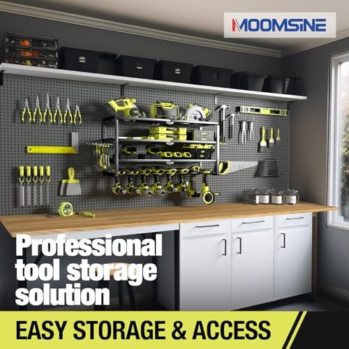 MOOMSINE 4 Layer Power Tool Organizer Wall Mount, Battery Tools Holder with Charging Station Shelf, Cordless Drill Hanger Storage Rack for Garage Organization, Workshop, Pegboard - 32 Inch 8 Slots - Image 6