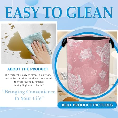 Pink Roses Large Storage Basket Collapsible Laundry Basket Oxford Storage Bin for Gift Baskets Bedroom Clothes Hamper 16" X 20.8" - Image 7