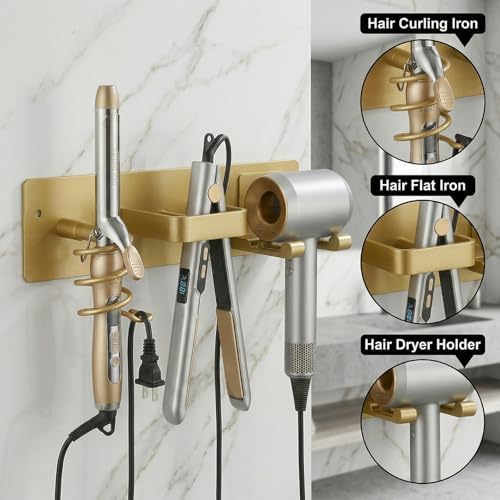 Hair Dryer Holder Hair Tool Organizer Metal Wall Mount (Gold) - Image 3