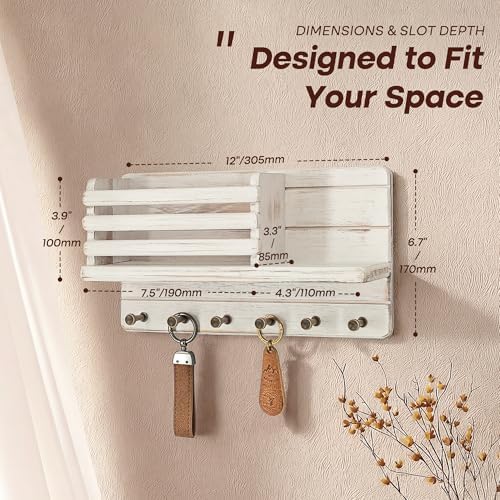 Rebee Vision Key Holder Wall Mount with Mail Slot for Room Decor, Whitewash - Image 2