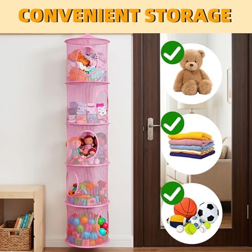 Hanging Stuffed Animal Storage Hammock Net 5 Tiers, Pink - Image 6