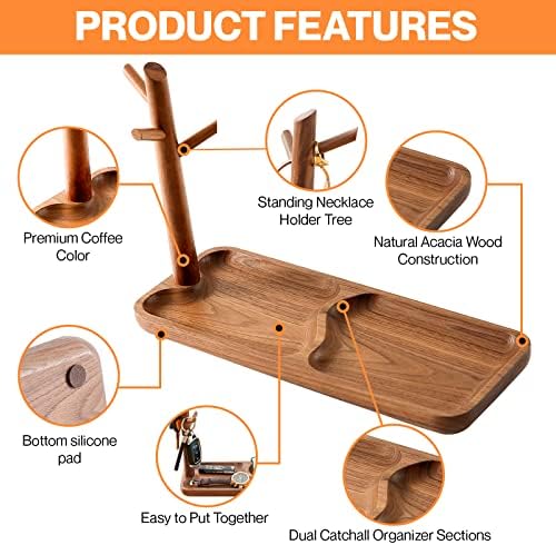 Walnut Wood Key Tray for Entryway Table, Jewelry Tray, Catchall Tray with 3 Stand Hanging Organizer, for Rings, Phone, Bracelets Watches - Image 3