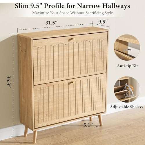 Nicetree Arch-Chic Shoe Cabinet for Entryway, Modern Mid-Century Shoe Storage Cabinet with Fluted, Narrow Shoe Rack for Entryway with Adjustable Shelves & Tipping Protection,Light Oak - Image 2