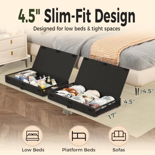 Fokyfok 2 Pack Under Bed Storage with Wheels 4.5 inch Height | Metal Frame,Lid,Rolling Slim Under Bed Drawers for Shoes,Clothes,Shallow Underbed Storage,Under Couch Storage,Black - Image 2