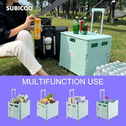 Folding Utility Cart Portable Rolling Crate Handcart Shopping Trolley Collapsible Tool Box, with Lid, on 4 Rotate Wheels, for Grocery, Shopping, Office, Camp, Teacher (Green) - Image 2