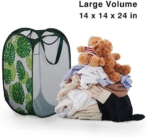 TECHMILLY Collapsible Mesh Pop Up Laundry Hamper with Sturdy Handles and Side Pocket - Portable Foldable Clothes Baskets for Dorm, Bathroom & Travel Storage (Green Leaf) - Image 3