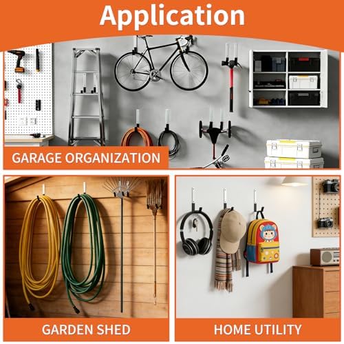 GeeWatom Heavy Duty Steel Garage Hooks,Garage Storage Utility Hooks,Anti-Slip Garage Hooks,Garage Garden Tool Organizer,Steel Wall Mount Hooks, Garden Hose Hanger, Black J Hooks (Large-6PC) - Image 4