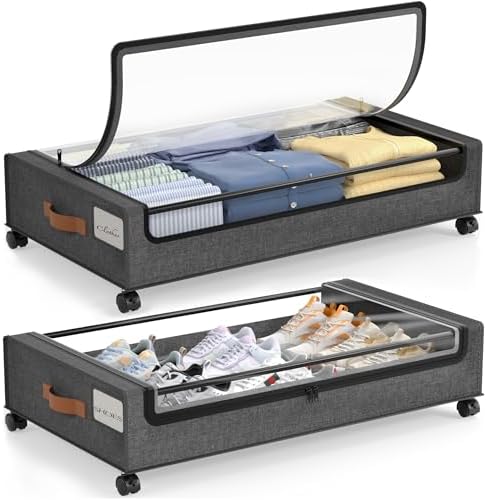 LAMU Under Bed Storage Containers with Wheels, 2 Pack, Hemp Grey | Smooth-rolling Wheels, Clear Lid & Label, Sturdy Metal Frame, Easy Install, Rolling Storage Drawers for Clothes, Shoes, Toys by YourHome-OrganizationHelper