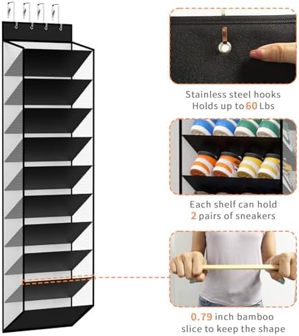 KEEPJOY 10-Tier Over Door Mesh Shoe Organizer with Large Deep Pockets, Hanging Door Shoe Storage Rack That Holds 20–30 Pairs of Sneakers, Boots and Other Footwear (Piano White) - Image 4