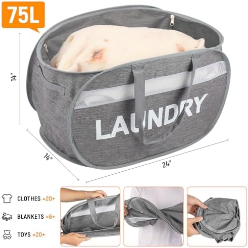 Collapsible Laundry Baskets with Lid, Foldable Clothes Hamper with Reinforced Handles, Sturdy Pop Up Hampers for Laundry, Tear Proof & Easy to Carry Laundry Hamper for Home, Dorm, Travel Grey - Image 5