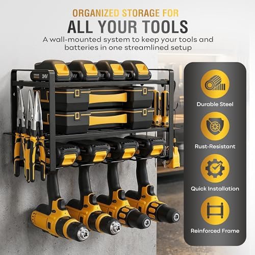 3-Layer Power Tool Organizer Wall Mount, Garage Wall Tool Organizer with Drill Holder, Heavy Duty Metal Shelf for Garage & Workshop - Image 2