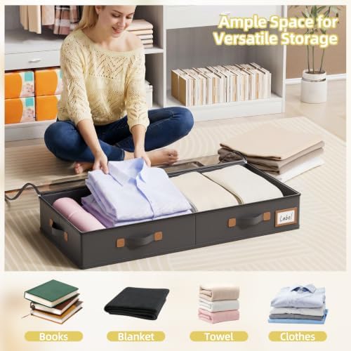 FHSQX Under Bed Storage Container 2Pack 4.5 Inches Low Profile Under-bed Organizer Bins Slim Under Couch Storage Box Ideal For Seasonal Clothes Blankets Towel Fabric (2, Black, 31.5 * 17 * 4.5in) - Image 2