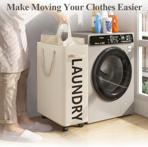 Optish 50L Slim Rolling Laundry Basket with Wheels & Removable Bag, White - Image 5