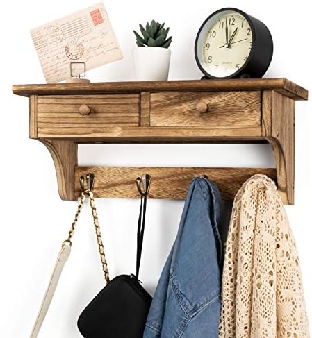 Emfogo Coat Hooks Mounted, Rustic Wood Coat Rack Mount Shelf with Hooks, Farmhouse Coat Rack with Shelf & Coat Hook for Entryway, Mudroom, Bedroom, Kitchen, Bathroom (Brown) - Image 2