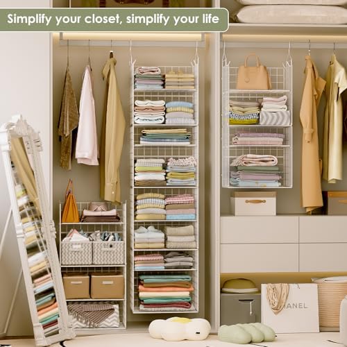 X-cosrack 8-Tier Closet Hanging Organizer Shelf - Hanging Clothes Organizer Shelves, Metal & Foldable Hanging Closet Organizer Baskets with Adjustable Dividers for Clothing Sweaters Shoes Handbags - Image 4