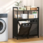 VASMIA Tilt Out Laundry Hamper Cabinet, Bamboo Double Laundry Hamper with 2 Removable Laundry Baskets, 20 Gal Laundry Sorter Organizer with Shelf for Dirty Clothes, Bathroom, Laundry Room, Natural - Image 3