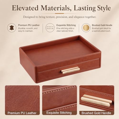GORESE Leather Valet Tray with Drawer for Men, Nightstand Organizer, Brown - Image 5