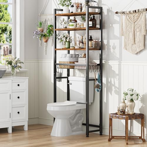 Ekisemio Over The Toilet Storage Rack, 4 Tier Over Toilet Shelf with Adjustable Feet, Freestanding Bathroom Organizer with Wooden Shelves, Hooks, Paper Holder, Vintage Brown by Ekisemio