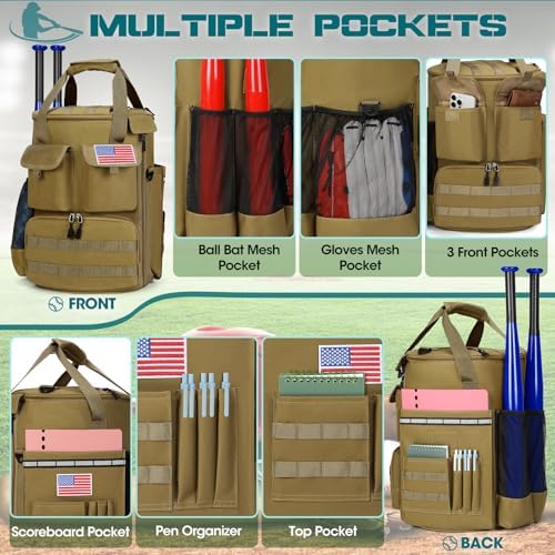 RAINSMORE Baseball Bucket Bag Baseball Coaches Accessories Organizer with Insulation Pocket Tactical Softball Bag with Anti-Slip Bottom, Multiple Pockets for Bat, Gloves, Scoreboards - Image 4