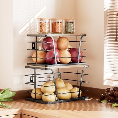 2 Pack Potato and Onion Storage Bins, Stackable Kitchen and Pantry Organizer with Bamboo Top & Lightweight PP Mat, for Vegetables, Fruit, Onion, Potato, Garlic - Pantry, Kitchen Storage Bins (Black) - Image 3