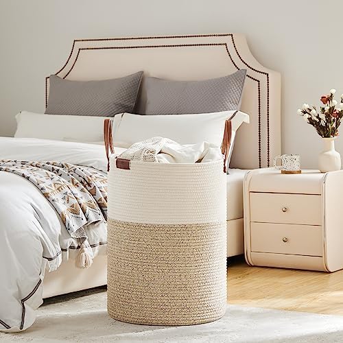 VIPOSCO 100L Tall Woven Rope Laundry Hamper, Leather Handles, White & Brown - Image 4