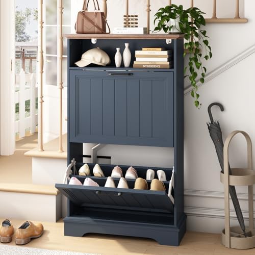 24" W Hidden Shoe Storage Cabinet with 2 Flip Drawers & Open Storage by WINWY