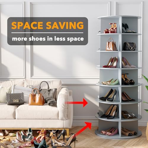 SpaceAid 7 Tier Rotating Shoe Rack Tower, Spinning Shoe Display Lazy Susan, Revolving 360 Shoe Rack Storage Round Carousel, Vertical Handbag Rotate Shoes Closet Organization (7-Tier Gray) - Image 3