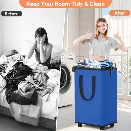 SpaceTrove Rolling Laundry Basket with Wheels, Laundry Hamper, 100L, Blue - Image 4