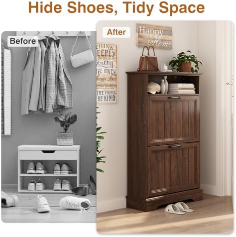24" W Hidden Shoe Storage Cabinet with 2 Flip Drawers & Open Storage - Image 4