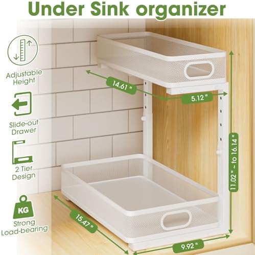 Under Sink Organizer 4-Pack, Metal 2-Tier Pull-Out Cabinet Shelf with Slide-Out Mesh Drawers, Height Adjustable, Space-Saving Storage Racks for Kitchen, Bathroom, Laundry Room, White - Image 2