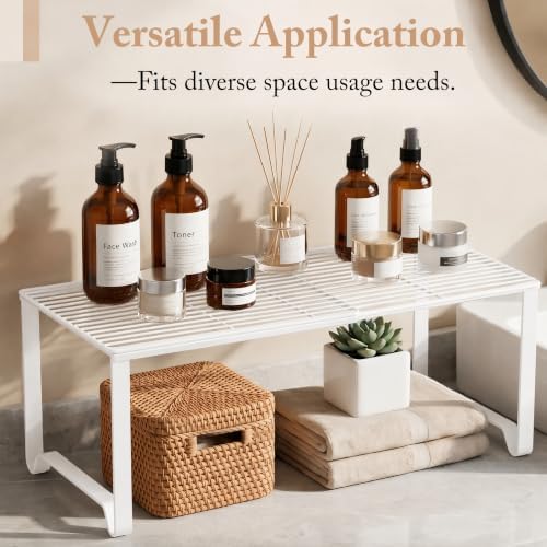 Extendable Metal Wire Shelf Organizer - Adjustable 15-24.4in Length, Stackable Storage Rack for Kitchen/Pantry/Bathroom/Shoe Cabinet/Tool Closet (4, White) - Image 4