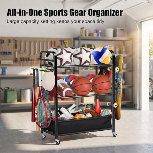 EXTCCT Ball Storage Rack with Wheels for Garage, Sports Equipment Organizer - Image 3