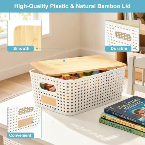 Bagnizer Small Plastic Storage Bins with Bamboo Lids 5.2qt Stackable Box Basket Pantry Decorative Containers Cute with Labels for Organizing Desktop Closet Office Cream White of 6 packs 10*7.2*4.1" - Image 2