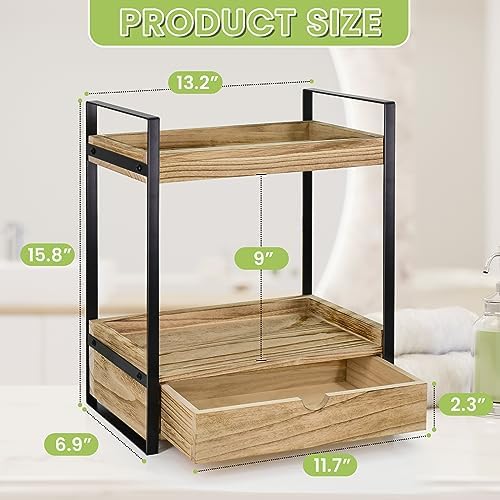 Ukonvi 2-Tier Bathroom Organizer Countertop with Drawer, Wood Counter Shelf for Storage, Vanity Tray for Organization and Decor, Countertop Organizer for Bathroom, Kitchen, Office (Brown) - Image 3