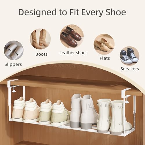 Expandable Shoe Rack Organizer for Cabinet, Adjustable Hanging Under Shelf Storage, Sturdy Round Tube Design, Space Saving Shoe Shelf for Closet, Entryway, Laundry Room, White - Image 4