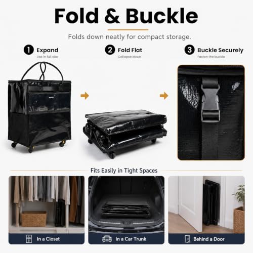 Rolling Grocery Bag with Wheels, 120L Foldable Shopping Cart Bag with Wide Shoulder Straps, 5 Detachable Wheels, Buckle Storage Strap, Large Reusable Utility Tote for Groceries (Black, Large) - Image 4