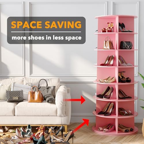 SpaceAid 7 Tier Rotating Shoe Rack Tower, Spinning Shoe Display Lazy Susan, Revolving 360 Shoe Rack Storage Round Carousel, Vertical Handbag Rotate Shoes Closet Organization (7-Tier Pink) - Image 3