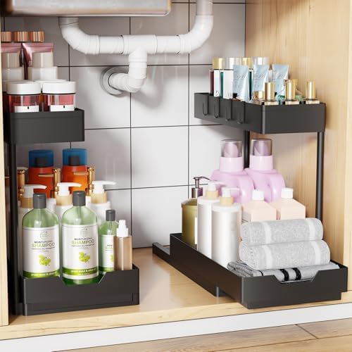Simple Trending Under Sink Organizer 2 Pack, 2 Tier with Sliding Basket by SimpleTrending