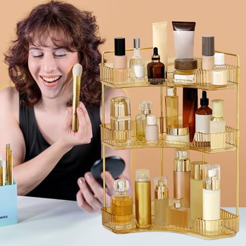 Corner Bathroom Counter Organizer Bathroom Countertop Shelf Makeup Organizer for Vanity Perfume Tray for Corner Storage (3 Tiers, Gold) - Image 5