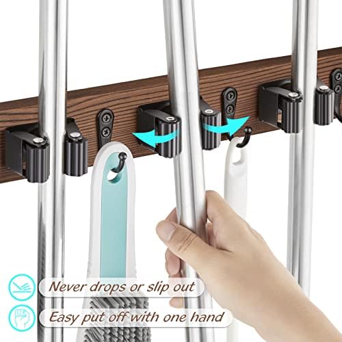 OUTNILI Mop Broom Holder Wall Mount with 3 Slots & 4 Hooks - Wood Broom Mop Hanger for Pantry Kitchen Organization - Garden Tool Organizer for Closet Laundry Room - for Rustic Farmhouse Kitchen Decor - Image 3