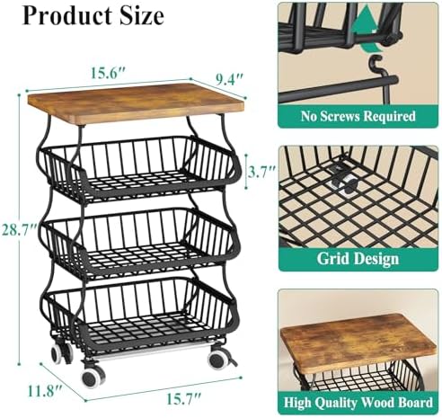 SAYZH 4-Tier Fruit and Vegetable Basket Stand for Kitchen, Wood Top, Black - Image 2