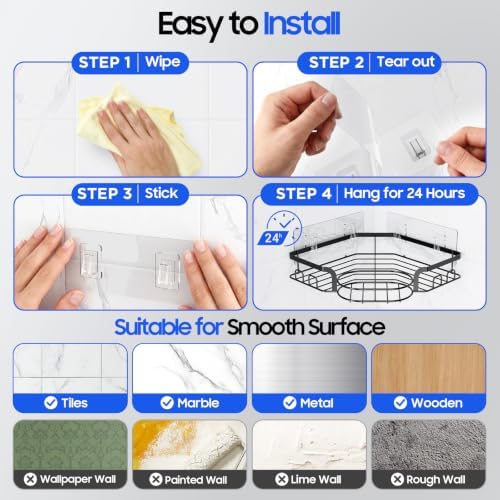 Corner Shower Caddy, Rustproof Shower Organizer with Soap Holder and 8 Hooks, No Drilling Adhesive Shower Shelves for Inside Shower, Large Capacity Shower Rack for Bathroom Shower Storage, Black - Image 7