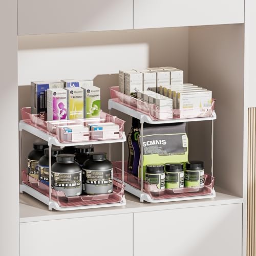 Delamu 2-Tier Multi-Purpose Bathroom Under Sink Organizers and Storage, Stackable Kitchen Pantry Organization, Pull Out Medicine Cabinet Organizer with Movable Dividers, Light Pink, 2 Pack - Image 6