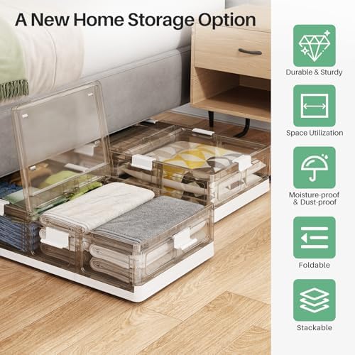 Kitstorack Plastic Under Bed Storage Containers,2 Pack Underbed Storage with Wheels,Foldable and Stackable Under Bed Organizer,Moisture and Dust-proof Storage Boxes for Clothes Shoes,13.6 Gal - Image 2
