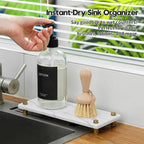 White Marble Pattern Style Water Absorbing Stone Sink Caddy, Bathroom & Kitchen Counter Organizer Tray, Faucet Drying Mat Soap Dish Rack Riser Dispenser Sponge Holder, Gold Metal Feet, 10" x 4" - Image 2
