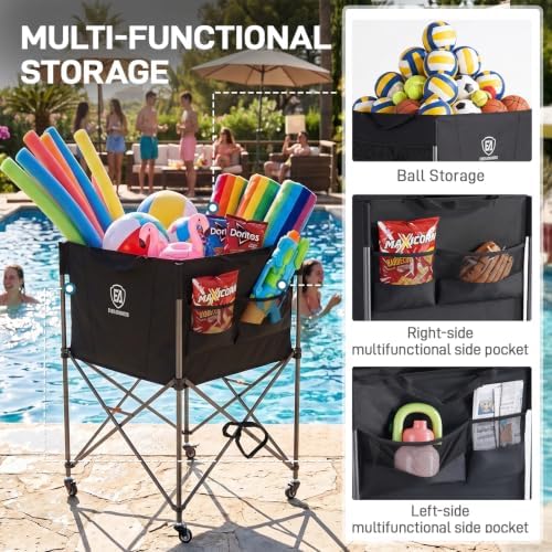 EVER ADVANCED Rolling Ball Storage Cart Lockable Wheels, 33x22.8in/45x25in Collapsible Garage Sports Equipment Organizer for Volleyball Basketball Tennis Toy Storage Multi-Sport Family Gym - Image 3